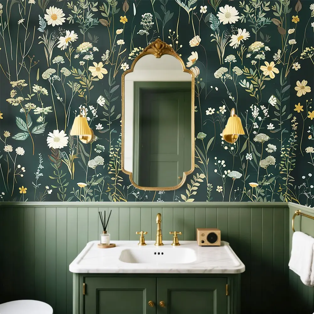 Self-Adhesive Decorative Wallpaper Roll, Dark Background, Hand-Drawn Floral & Greenery Pattern, Waterproof, Removable, Living Room Kitchen Bedroom Dorm Decor