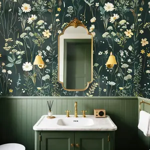 Self-Adhesive Decorative Wallpaper Roll, Dark Background, Hand-Drawn Floral & Greenery Pattern, Waterproof, Removable, Living Room Kitchen Bedroom Dorm Decor