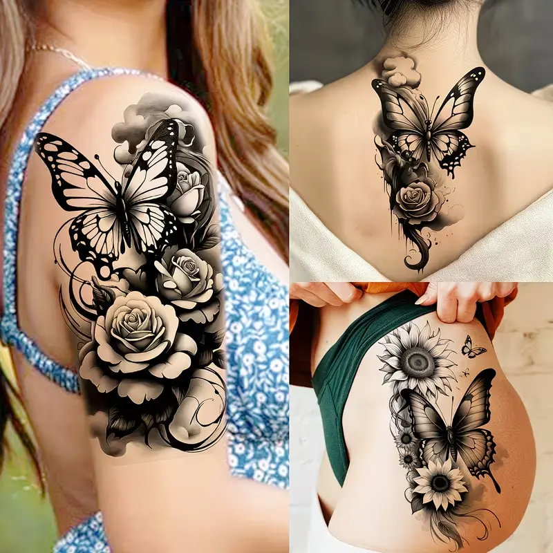12 Sheets 12cm×19cm Half Sleeve Temporary Tattoo Stickers, Waterproof Gothic Blackwork Fake Tattoos for Women, Rose Butterfly Owl Body Art for Festival Rave Outfit