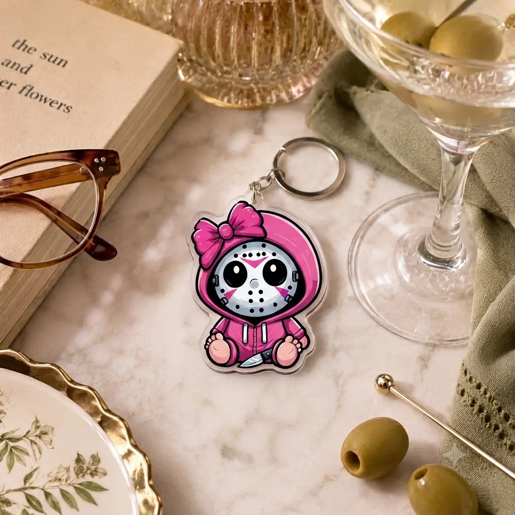 Spooky Cute Horror Movie Killer Acrylic Keychain Pink Hoodie Mask Pendant Clear Bag Charm Aesthetic Accessories