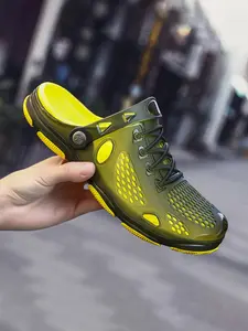 Trendy Blue Colorblock Men's Two-Wear Hole Shoes, Adjustable Back Strap, Eva Material, Breathable, Waterproof, Casual Style