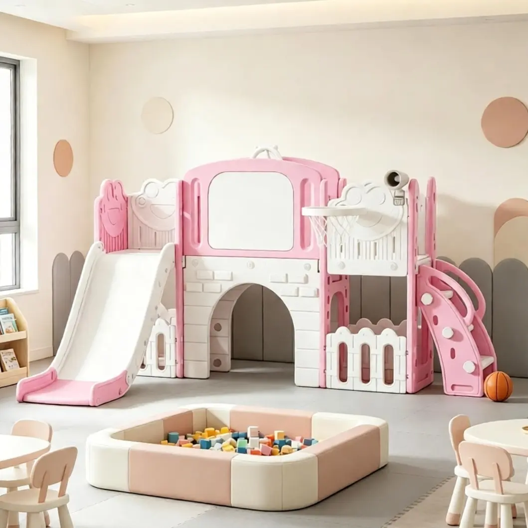 Aobtkel 7-in-1 Indoor Play Structure Frog Theme Toddler Playset with Slide Basketball Hoop Crawl Tunnel Telescope Climber Storage Box Drawing Board HDPE Anti-Slip Steps for 1-3 Years Boys Girls Playroom Gift Idea Pink White room