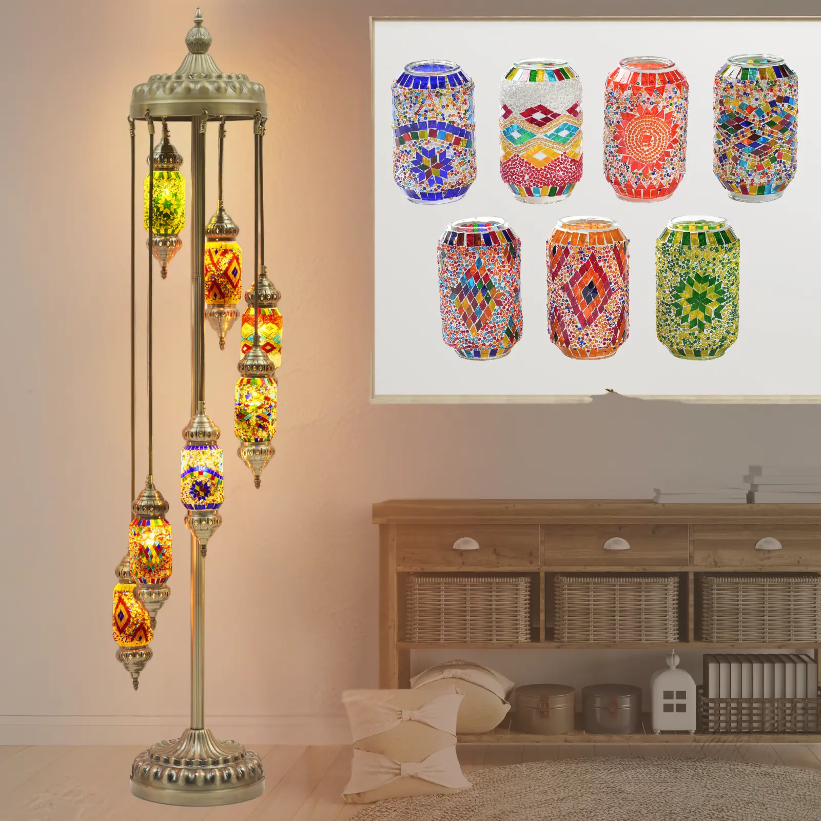 74in Handmade Turkish Mosaic Floor Lamp, 7 Mixed Color Stained Glass Globes, Stable Metal Base, E12 Bulb Included, Ethnic Bedroom Lighting, Decorative Atmosphere Lighting, Indoor Decorative Light for Living Room, Housewarming Gift Floor Lamp Decor