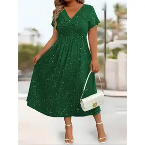 Women's plus size elegant sequin tied V-neck dress, sparkling party dress with pockets, fashionable casual wearRAIMENTRY