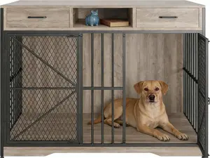 44 Inch Dog Crate Furniture, Heavy Kennel Coffee Table with Storage Drawer and Two Locked Doors, Suitable for Indoor Pet Cages of Medium and Small Varieties accessories Wooden