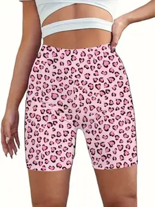 Plus-size women's high-waisted yoga shorts, leopard print, suitable for gym, training, sports, and casual wear, made of high-quality comfortable elastic fabric, suitable for all seasons
