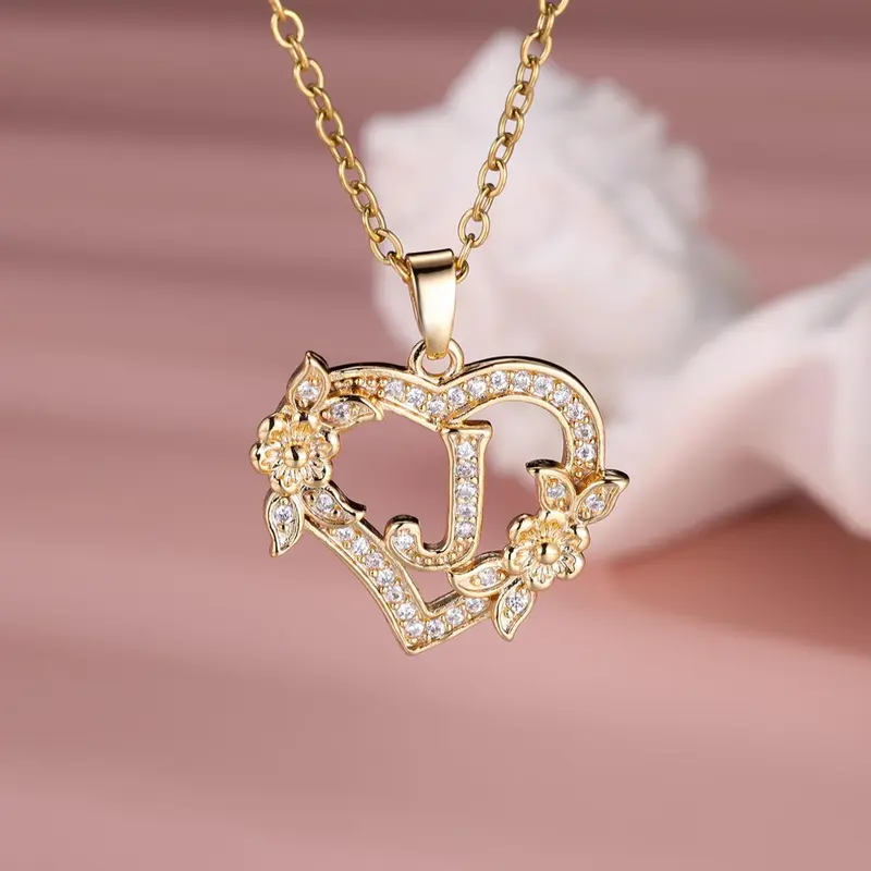 2024 New Letter Detail Heart Shaped Pendant Necklace, Love Necklace for Women for Gift, Rhinestone & Flower Decor Stainless Steel Matching Necklace Jewelry, Girl's Cloths Accessory for Daily Wear, Rhinestone Decorated Necklace