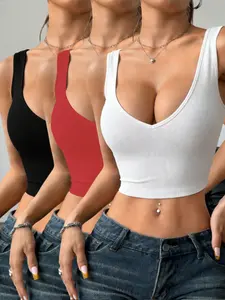 Spicy Girl Exclusive Deep V Neck Ribbed Short Tank Top Set, Trendy Women's 3 Piece for Summer Fashion, Comfortable Casual Wear