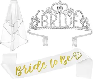 3 Pcs Bachelorette Party Decorations "BRIDE" Crown, Bride to Be Sash&Veil for Women.