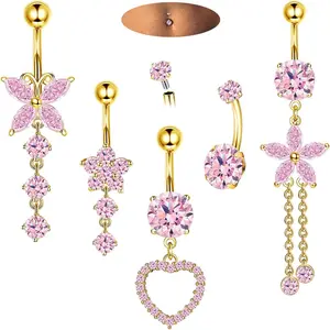 CASSIECA 14G Belly Button Piercing Rings for Women Surgical Stainless Steel with Cute CZ Flower, Butterfly Heart Designs -Belly Rings Dangle Navel Piercing Jewelry (Pink/Gold/Silver