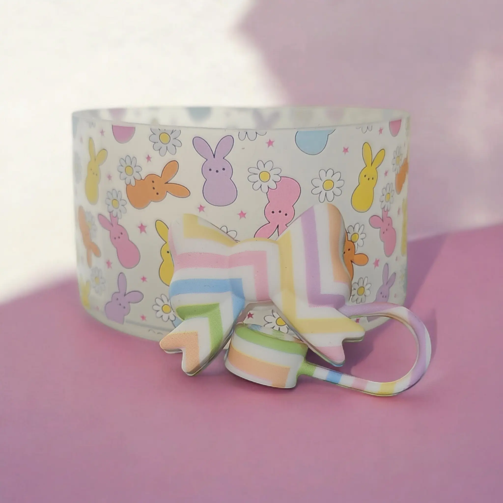 Peeps inspired Easter Bunny Tumbler Boot & Easter Egg Coquette Bow Straw Topper Set