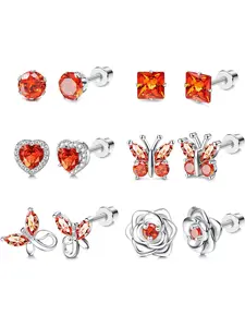 Exquisite 6 Pairs Orange Cute Ear Studs Stainless Steel Hypoallergenic Birthstone Stud Earrings for Women Men Butterfly Flower Heart CZ Screw Back Earrings Jewelry Set Screwback Earrings