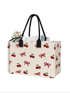 Cherry Bowknot Printed Large Capacity Storage Bag, Durable Handles, Space-Saving Multi-Purpose Organizer for School Travel Shopping, Lightweight Shopping Bag