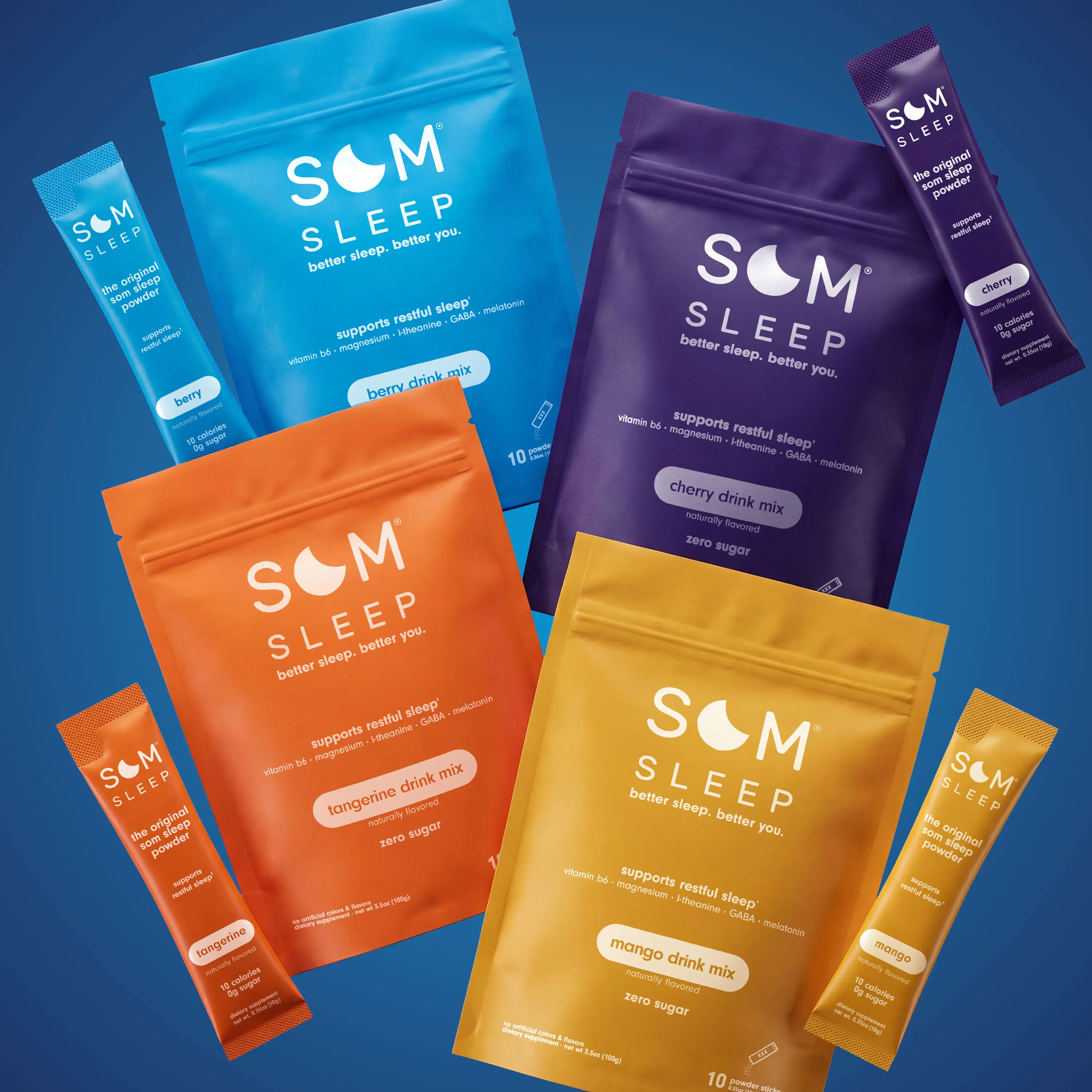 Som Sleep Nighttime Sleep Aid Powder Drink Mix, 40 Servings, 0 Sugar, Sleep Supplement with Magnesium, Vitamin B6, L-Theanine, GABA, Melatonin, Third Party Tested, Supplement for Relaxation and Sleep (Berry, Cherry, Mango, Tangerine)
