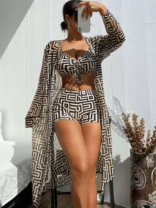 Women's separate swimming suit set with long-sleeved sun protection jacket. Girls' printed spa resort swimming suit. Fast-drying, anti-barely-seen.