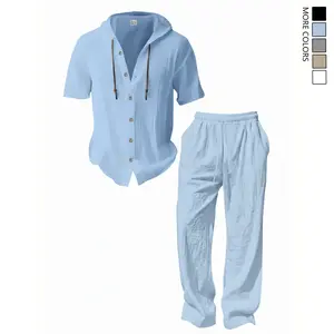 Men's Summer Linen Hooded Shirt & Pants Set, 2 Piece Casual Outfit with Short Sleeve Button Down Top and Elastic Waist Long Pants, Breathable Beach Vacation Loungewear