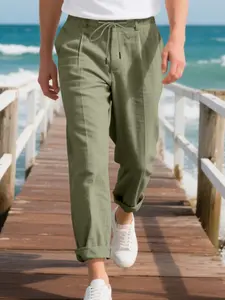 Men's solid color linen drawstring waist jogging pants, leisure sports with waist buckle pocket trousers: suitable for all seasons, fashion men's daily outfit body, street style casual pants, office commuting pants, Casual Comfy Trouser