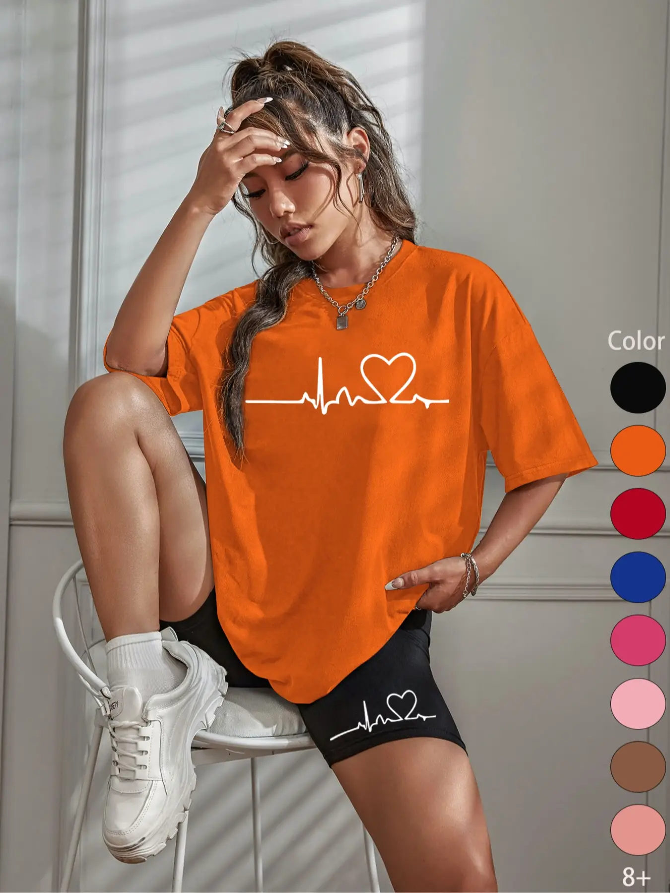 Two-Piece Set Women's Heart Print Tee & Shorts, Casual Short Sleeve T-shirt & Skinny Shorts, Ladies Sportswear for Indoor Outdoor Wear, Clothes