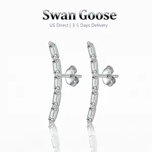 SwanGoose S925 Sterling Silver Baguette Ear Climber Earrings | 5A Cubic Zirconia Crawler Studs | Hypoallergenic Jewelry for Women & men