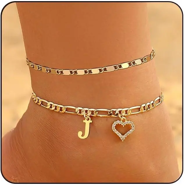 Women's 14K Gold Plated Anklet Jewelry Set Pack - Dainty Layered Figaro Chain, Initial Letter, CZ Heart, Waterproof, Stackable, Beachwear Summer Accessory for Women