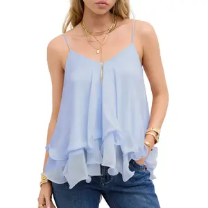Songling Women's ruffled halter top Floaty spaghetti strap vest Casual summer halter top Fashionable beach shirt