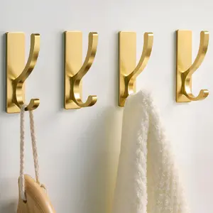 Adhesive Wall Hooks for Towels - Sticky Hook Hanging Heavy Duty (13lb), Hanger for Door, Bathroom, Dorm, Closet - for Coats, Purse, Bag, Robe - No Damage to Wall - Gold 4 Pack