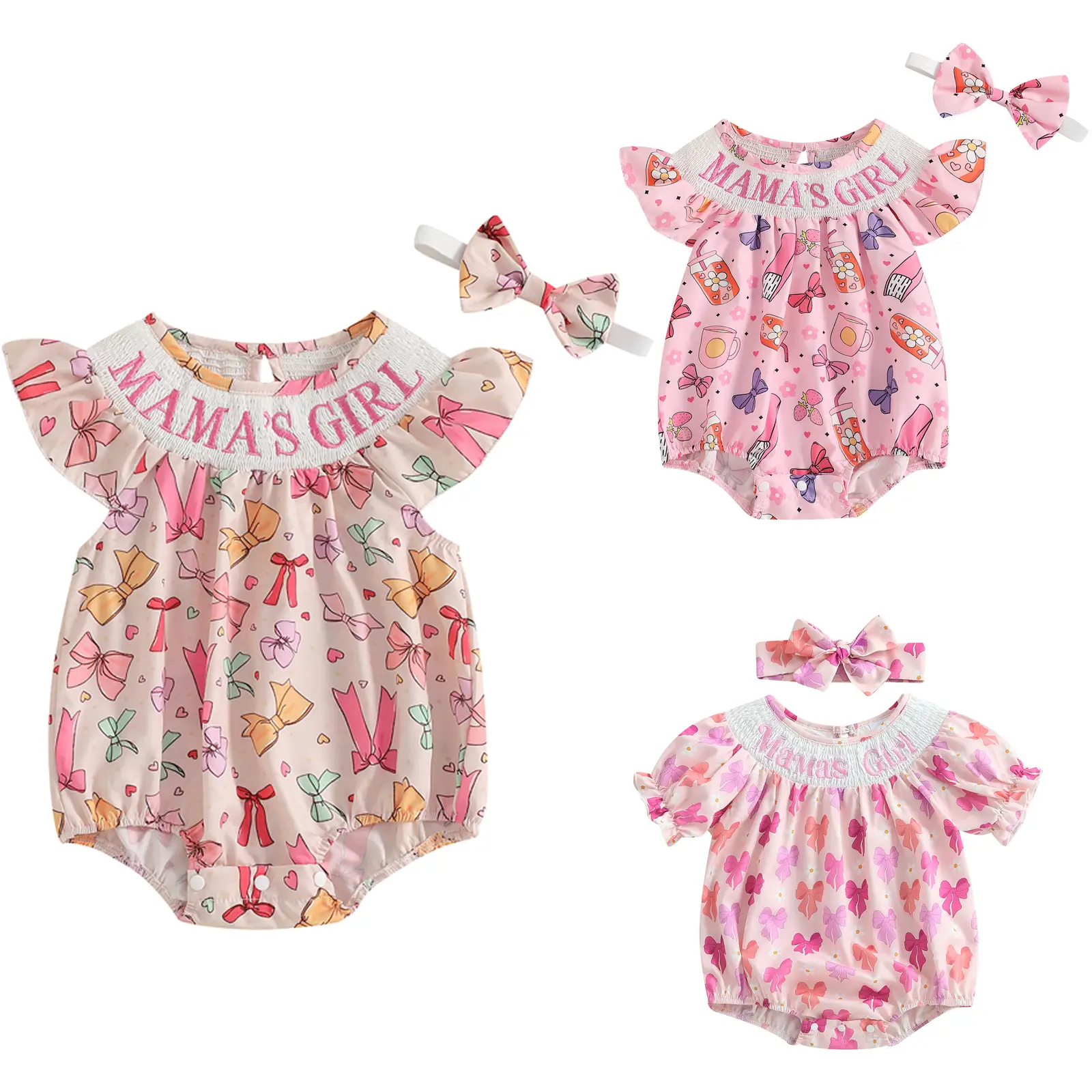 Newborn Baby Mamas Girl Embroidery Smocked Bubble Romper Colorful Bow Print Puff Short Sleeve Jumpsuit Bodysuit Infant Spring Outfit #Springtok