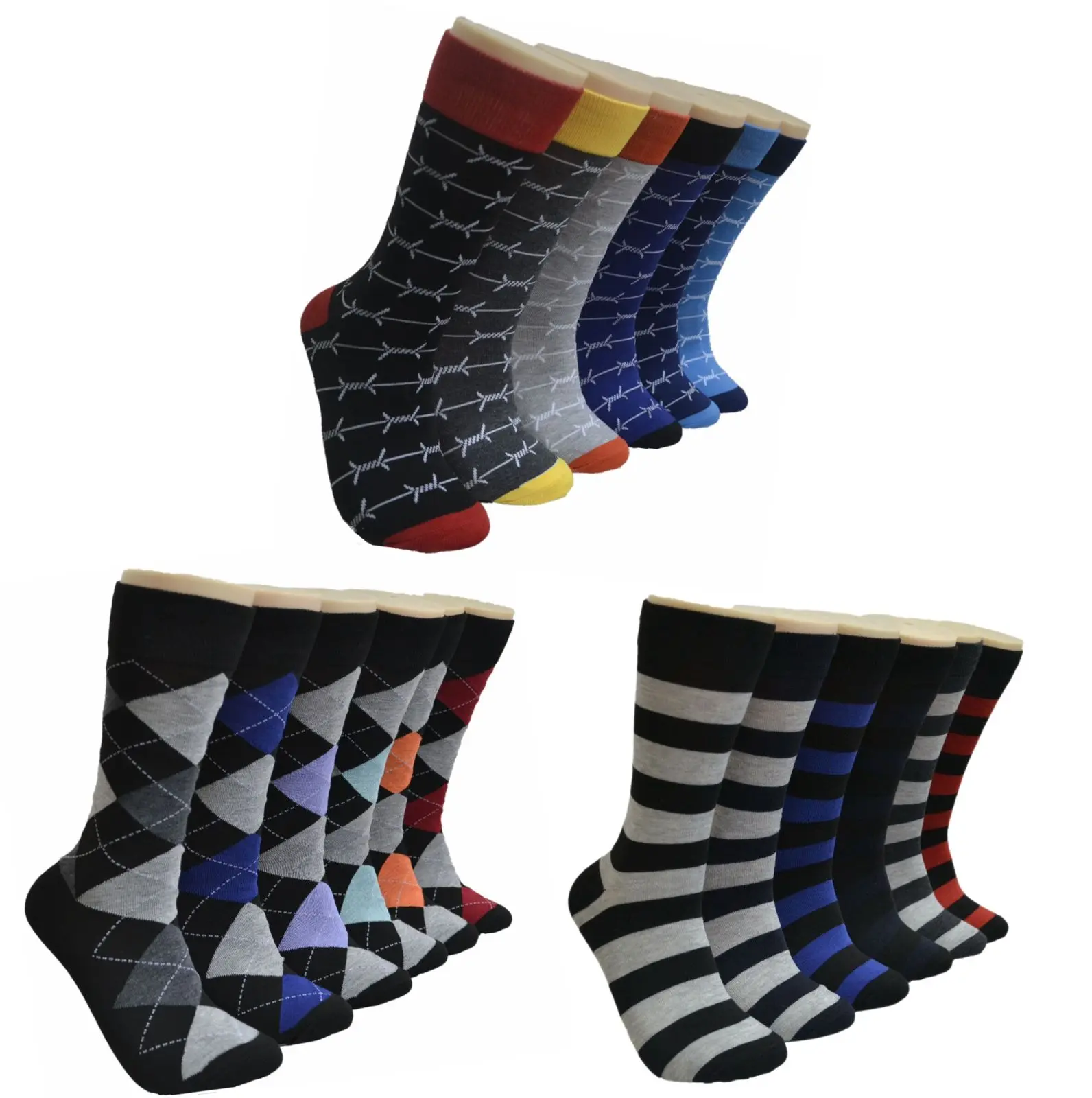 DIAMOND STAR Men's Cotton Dress Crew Socks 6 Pairs Argyle Rib Striped Soft Comfortable Size 10-13 for Casual & Work Wear - Shoe, Elastic