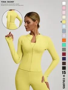 New Women's Zipper Jacket High-End Solid Color Belted Thumb Hole Long Sleeve Half High Neck Sporty Top, Stretchy Slim Fit Outerwear, Yoga Jackets