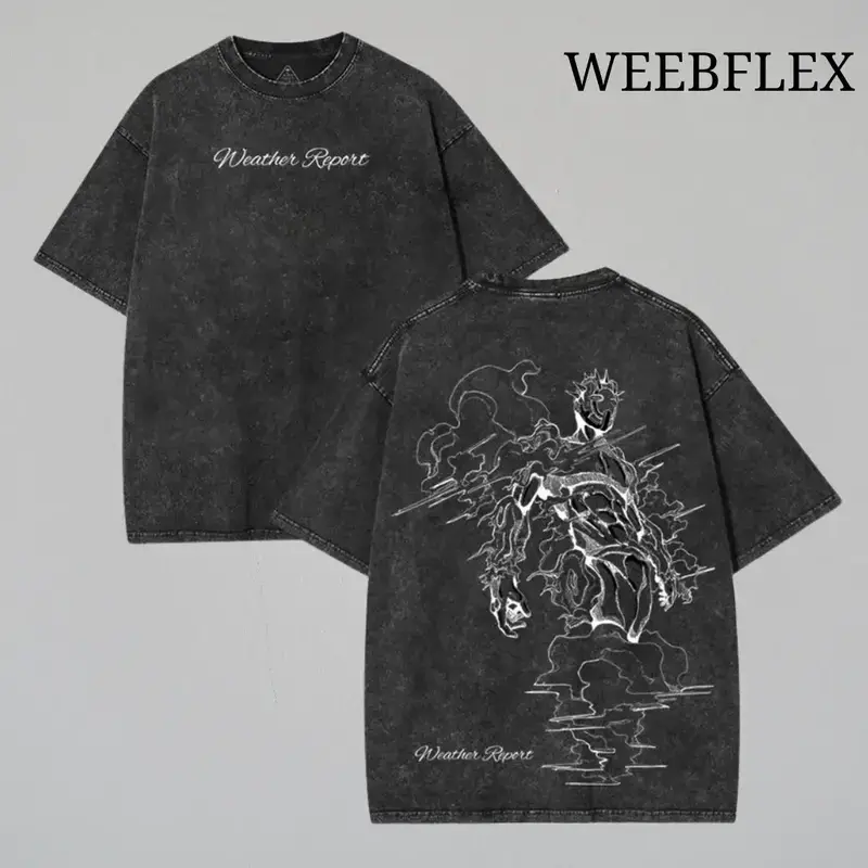Men's JoJo’s Bizarre Adventure Weather Report Vintage Oversized Wash Cotton Graphic T-Shirt - Unisex Shortleeve Tropical Crewneck Streetwear Gift for Anime Manga Fans, Shortsleeve