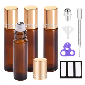 Essential oil Roller Bottles for Oils 10ml Glass Amber Perfume Bottles Empty with Extra Roller Balls, Opener, Funnel, Pipette, Labels,  Roll on Bottles