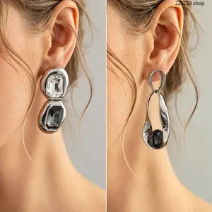 2 Pairs Futuristic Gunmetal Silver Earrings Set – Black Crystal Drop & Gradient Stone Studs | Y2K Cyberpunk Statement Earrings for Women Party & Streetwear
