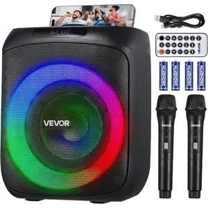 VEVOR Karaoke Machine for Adults, 30W, 6.5-inch Portable Bluetooth Speaker with 2 Wireless Microphones, LED Light, TWS Function, Handle, Support Micro TF Card, USB, AUX, for Home Karaoke Party SingingVEVOR Super Brand Day