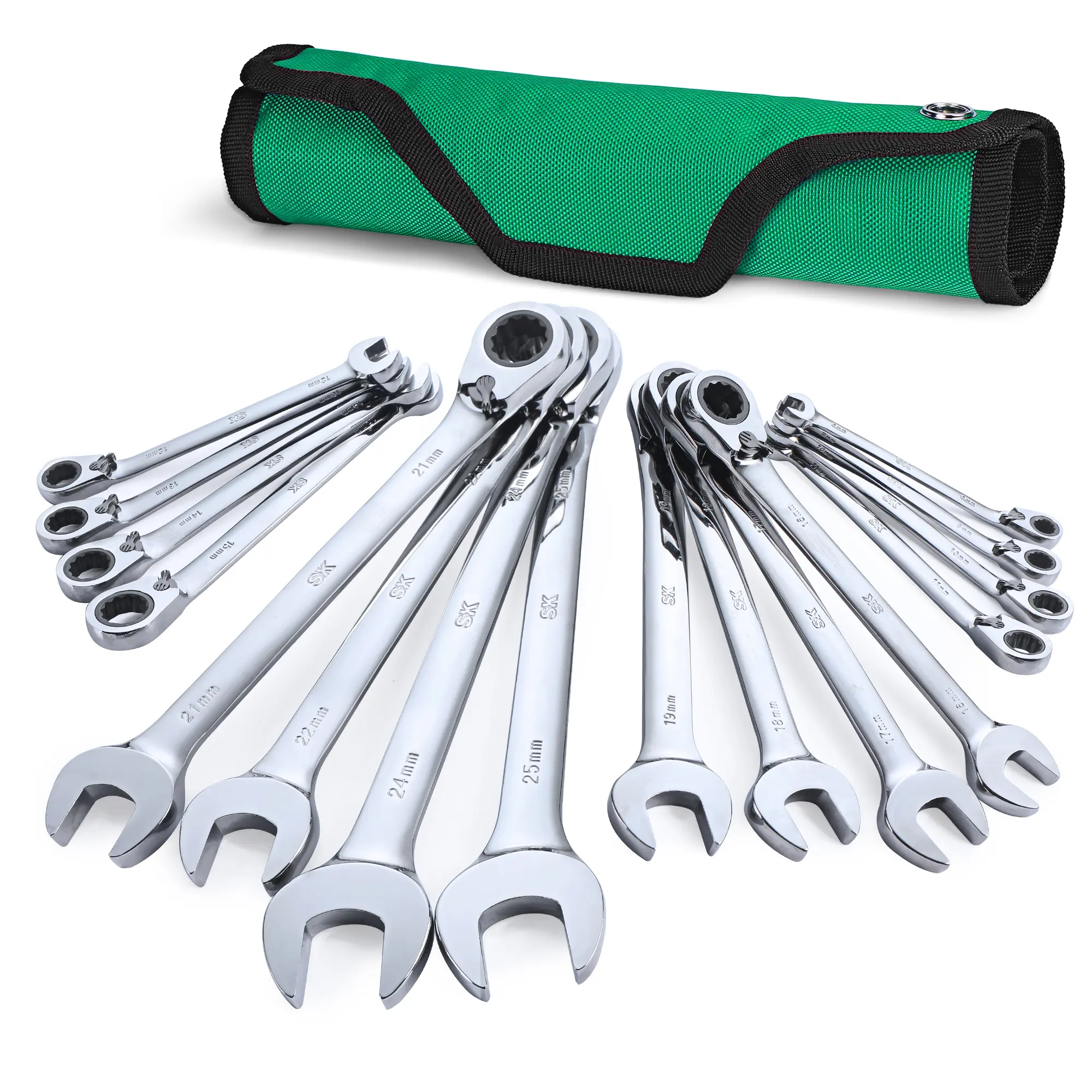 #fathersdaygift SK Reversible Ratcheting Wrench Set, Combination Wrench Set, Metric, 72-Tooth, Premium CR-V Construction, with Rolling Pouch