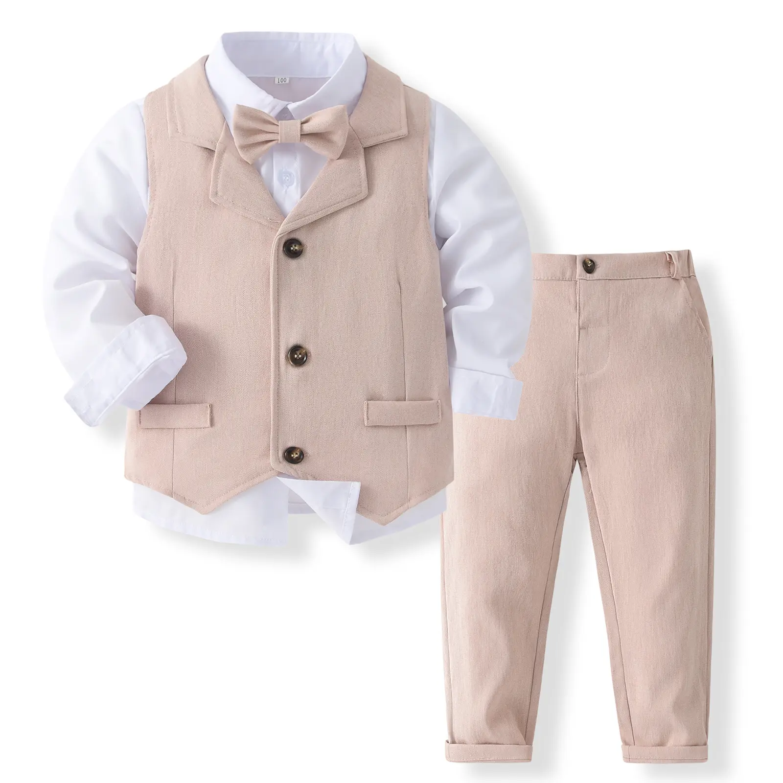 NewBoys Toddler Three-piece Gentleman Outfit Long Sleeve Turn-down Collar Button Bow Tie Shirt + Pants + Vest Set Children Formal Suit