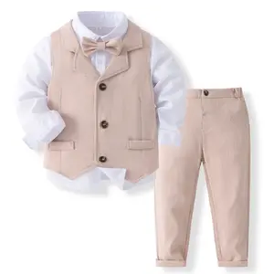 Boys Toddler Three-piece Gentleman Outfit Long Sleeve Turn-down Collar Button Bow Tie Shirt + Pants + Vest Set Children Formal Suit