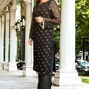 Black & Gold Mirror-Work Pakistani Dress 2-Piece Set with Shirt and Pant, Elegant Design, Perfect for Any Occasion