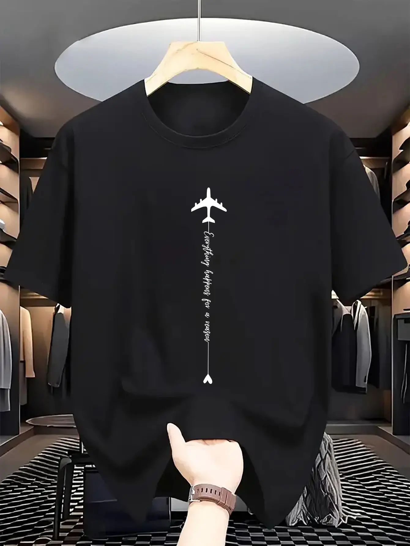 Men’s Short Sleeve Graphic T-Shirt with Airplane & Vertical Text Print, Casual Everyday Wear, Perfect Gift for Travel Enthusiasts