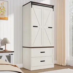 72.8"H Farmhouse Armoire Wardrobe Closet With Sensor Light And 2 Drawer, Folding Sliding Barn Door Armoire Cabinet With Hanging Rod For Bedroom