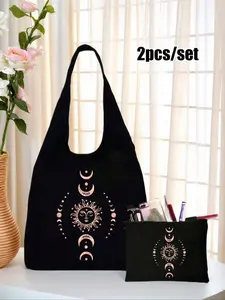 Sun Moon Star Print Canvas Casual Shoulder Bag, Pattern, Messenger Handbag, Small Makeup Pouch, Valentine's Gift, Wedding Bridesmaid Bag, Geometric Pattern Bag, Casual Lightweight Bag, Versatile Bag, Trendy Shoulder Bag, Portable Shoulder Bag