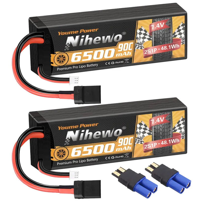 Nihewo 2-Pack 7.4V 6500mAh 90C High Discharge Hard Case 2S Li-Polymer Lithium Rechargeable RC Hobby Batteries, TR Plug + EC5 Adapter, 1/8 & 1/10 Fit for RC Rustler Bandit/Spartan Trucks/Cars, Unisex, Above 12, 12-Month Note: Never Charge Unattended