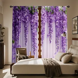 2-piece set of elegant purple floral printed translucent curtains, polyester pole bag curtains, suitable for bedroom and living room decoration, artistic design suitable for all seasons, living room curtains
