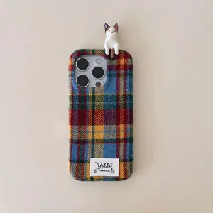 Vintage Plaid Pattern Phone Case with Cat Design Holder, Cute Phone Protective Cover, Phone Accessories Compatible with iPhone 16 Pro Max 15 Pro Max, Casing