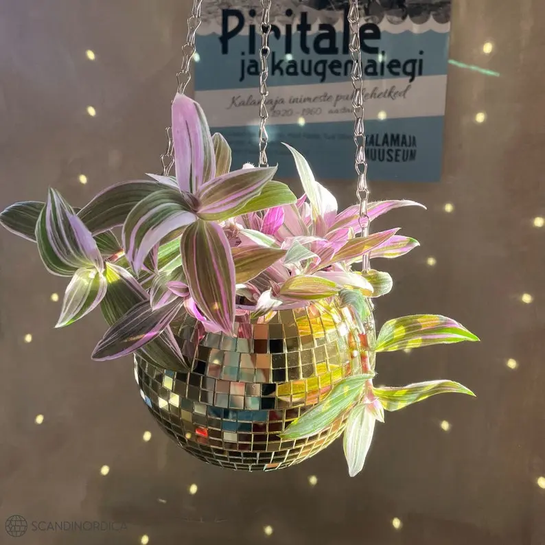SCANDINORDICA Gold Disco Ball Planter: 6" Hanging Planter with Macrame Hanger, Chain, Acrylic Stand and Insert Pot