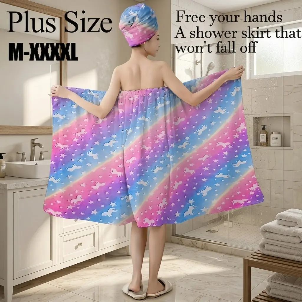 Plus Size M-XXXXL Rainbow Unicorn Print Bath Wrap Skirt & Hair Towel Set, Non-Slip Adjustable Shower Skirt for Bathroom, Spa, Birthday Party, Kids & Teens Gift