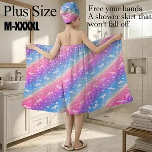 Plus Size M-XXXXL Rainbow Unicorn Print Bath Wrap Skirt & Hair Towel Set, Non-Slip Adjustable Shower Skirt for Bathroom, Spa, Birthday Party, Kids & Teens Gift
