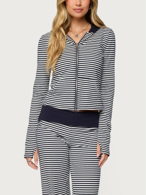 Women's 2 Piece Casual Outfits Long Sleeve Zip Up Hooded Striped Tops Wide Leg Pants Sets