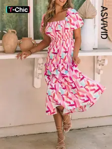 Women's elegant mid length Square Neck dress with all-over print, smocked bust, ruffled details and tiered layers