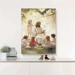 Trendy Framed Wall Decor, Christian‑Themed Canvas Print of Jesus Christ Teaching Kids (Children of God), Art Gift for Living Room & Nursery Home Decoration, wicked good poster