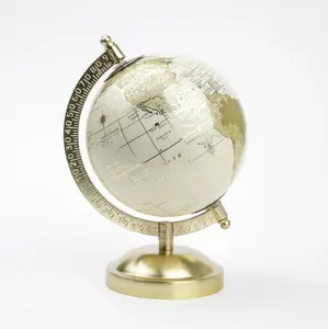 Cream and Gold Metal Globe for Home or Office Decor - 5.75" x 8" x 5" - Metallic